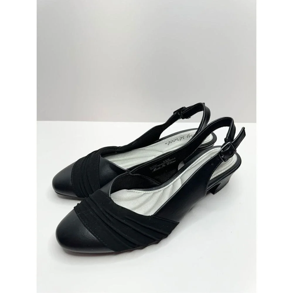 Easy Street Black Slingback Pumps‎ Pleated Low Block Heel Shoes 6.5